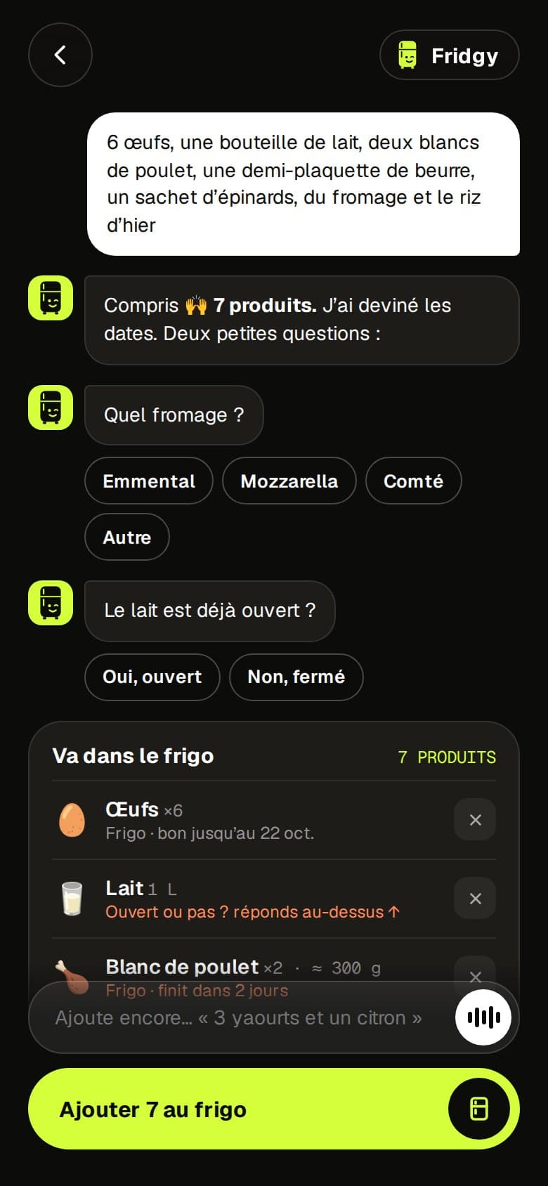 Écran ajout vocal de l'app Freddy