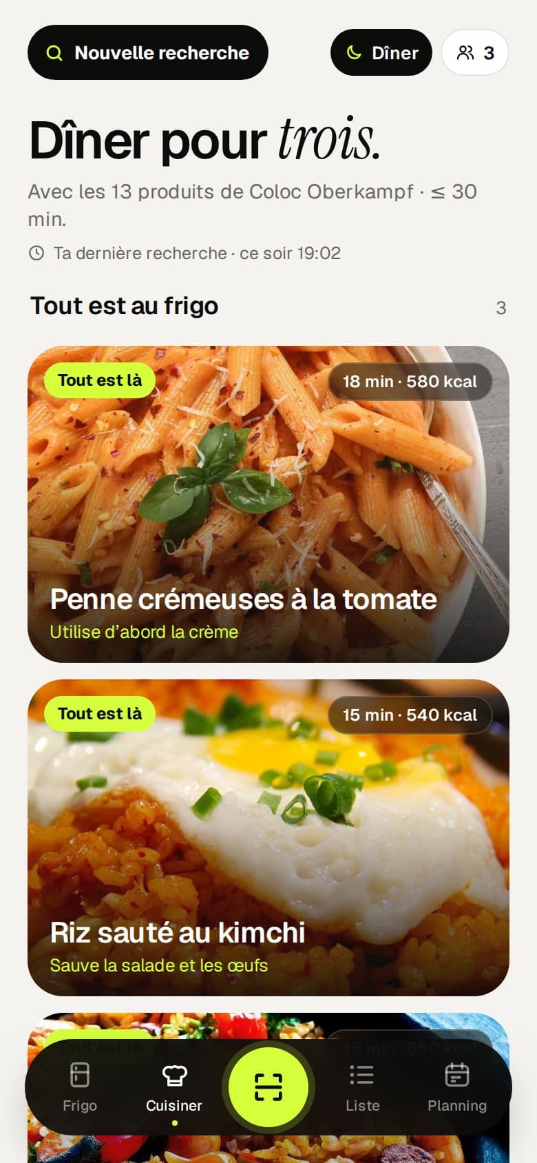 Écran résultats de recettes de l'app Freddy