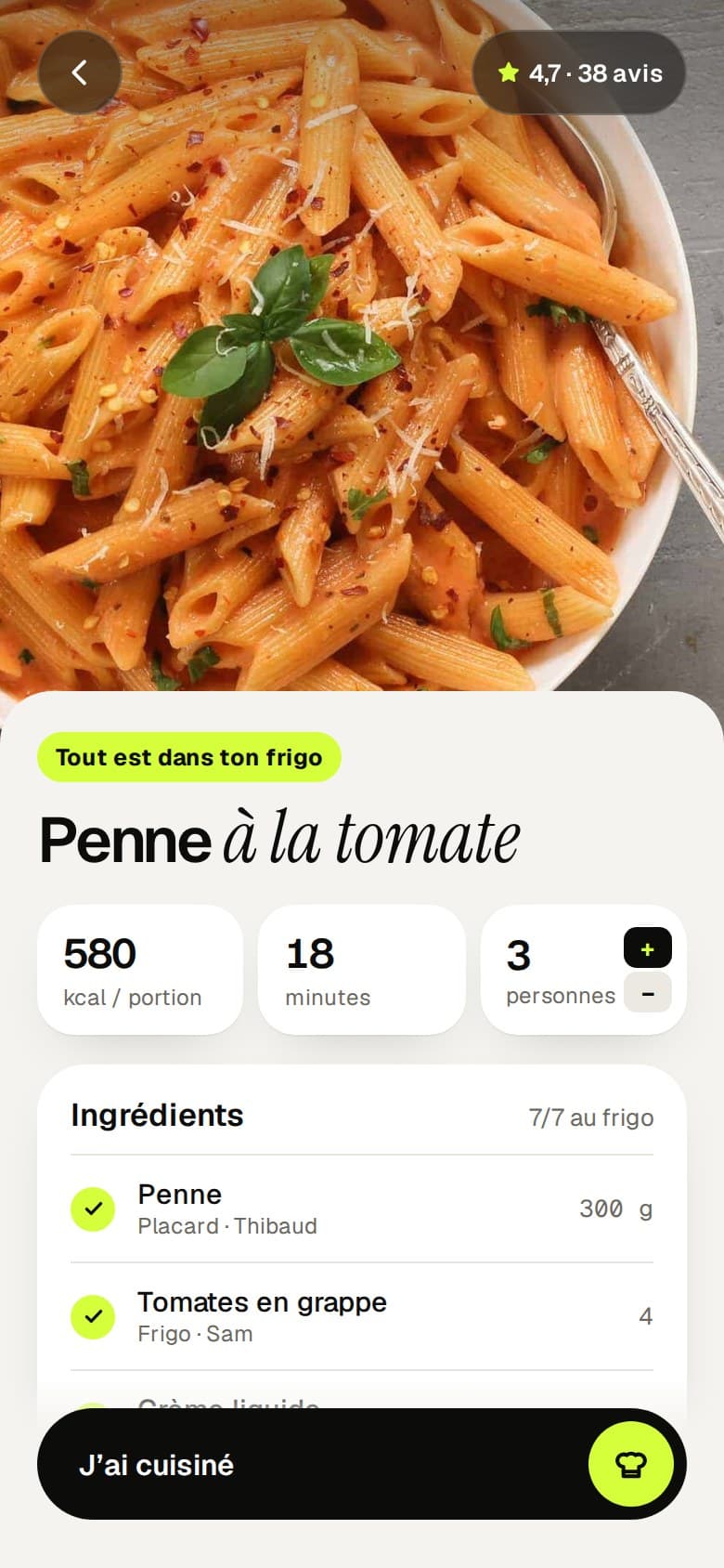 Écran recette de l'app Freddy